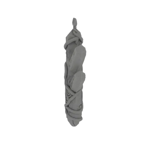 3D модель мистического посоха, обвитого лозами и сырыми кристаллическими образованиями, на белом фоне.