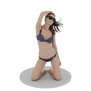 3D модель женщины на коленях в синем бикини и солнцезащитных очках, одна рука на голове.