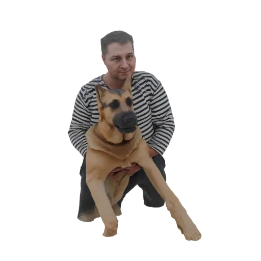 3D модель мужчины, держащего немецкую овчарку, оба смотрят на зрителя с дружелюбным выражением.