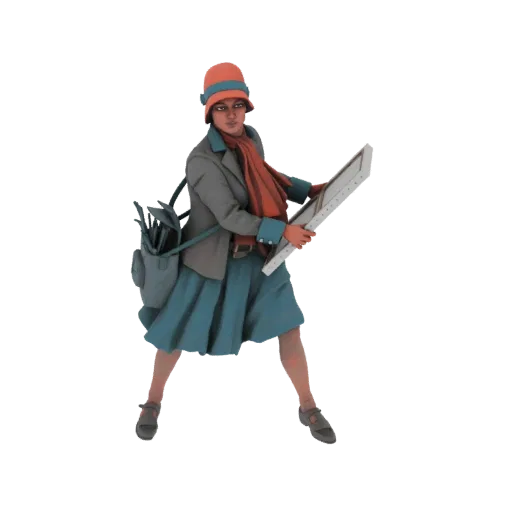 3D модель женщины в одежде 1920-х, в шляпке-клош и шарфе, держащей портативный мольберт с принадлежностями для рисования.