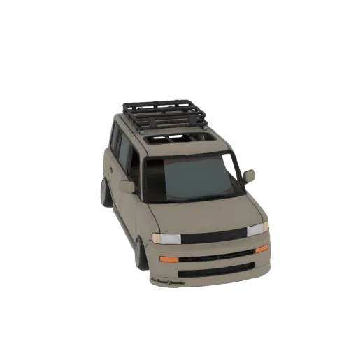 3D модель бежевого Scion xB с черным багажником на крыше, вид спереди в три четверти.