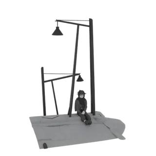 3D модель одинокой фигуры под уличными фонарями на пустынной платформе, в оттенках серого.