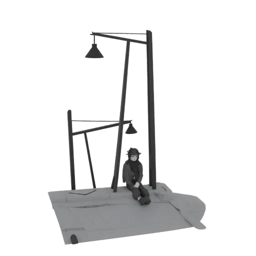 3D модель одинокой фигуры под уличными фонарями на пустынной платформе, в оттенках серого.