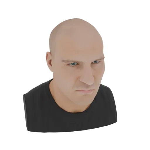 Рендер 3D модели бюста головы и плеч лысого мужчины, с синими глазами и нейтральным выражением лица, в темной футболке.