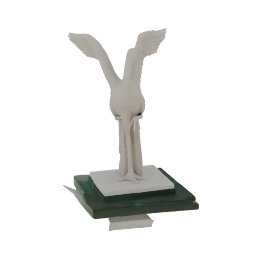 3D модель скульптуры белого лебедя с распростертыми крыльями на основании из зеленого стекла, на черном фоне.