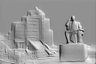 3D модель барельефа, изображающего сидящую фигуру на фоне здания, с высокой детализацией и текстурой камня.