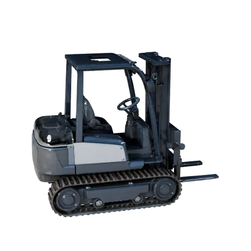 Модульная 3D-модель строительного погрузчика, изометрический вид модульного набора, показывающий окрашенную сталь, крупные ме