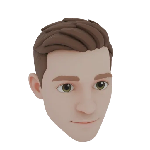 Рендер 3D модели стилизованного молодого человека с каштановыми волосами и зелеными глазами, смотрящего вперед с легкой улыбк