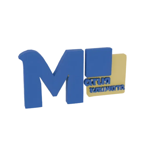 3D рендер логотипа 'MI' со смелыми синими буквами и квадратами, акцентированными желтой фигурой, на черном фоне.