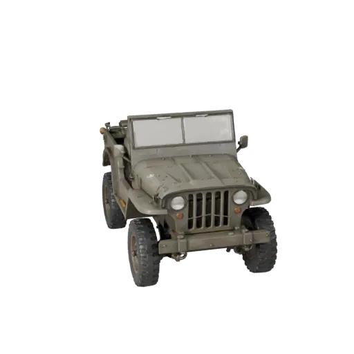Низкополигональная 3D модель Военного Джипа времен Второй мировой войны, вид из игрового окна в три четверти, низкополигональ