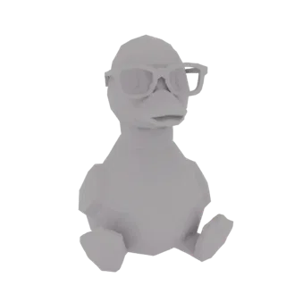 Низкополигональная 3D модель серой утки в больших очках в толстой оправе, сидящей с вытянутыми вперед лапами.