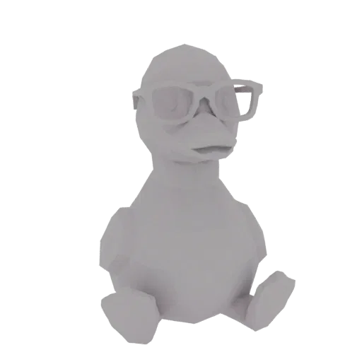 Низкополигональная 3D модель серой утки в больших очках в толстой оправе, сидящей с вытянутыми вперед лапами.