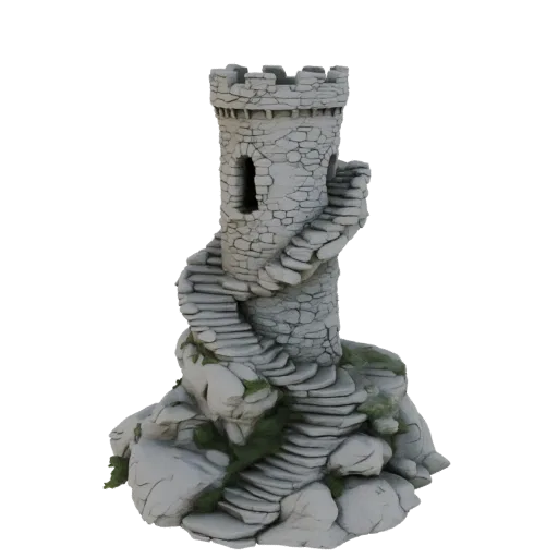 3D модель древней каменной башни со спиральной лестницей и мшистыми камнями на черном фоне.