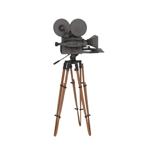 3D модель винтажной пленочной камеры с двумя объективами, установленная на деревянном штативе, на черном фоне.