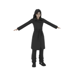 3D модель женщины в черном тренче и брюках, стоящей в позе T с раскинутыми руками.