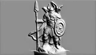 3D модель барельефа викинга с щитом и копьем, выполненная в сером цвете, с высокой детализацией.