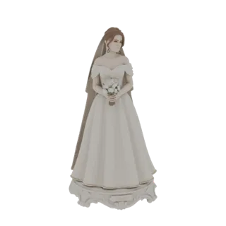 3D модель невесты в белом свадебном платье и фате, держащей букет белых цветов, стоящей на богато украшенном основании.