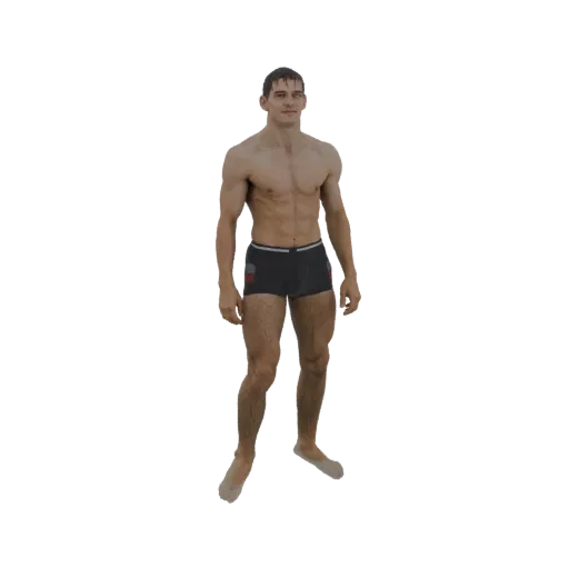 3D модель мускулистого мужчины с короткими каштановыми волосами, в черных плавках, стоящего с опущенными руками.