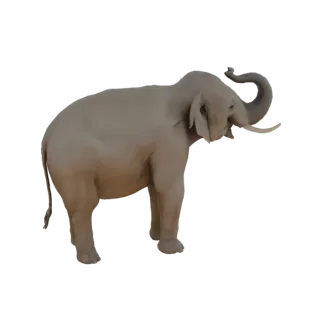 3D модель величественного слона с поднятым хоботом, вид сбоку.