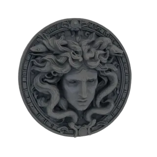 Рендер 3D модели головы Медузы в рельефе, со змеями вместо волос и суровым выражением лица, на белом фоне.