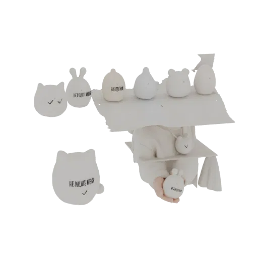 3D рендер коллекции милых белых стилизованных ночников-животных, включая кошку и кролика, с тонкими текстовыми деталями.