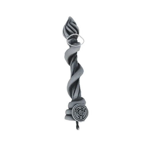 Серая 3D модель витого шнура с круглым кулоном с выгравированным символом внизу.