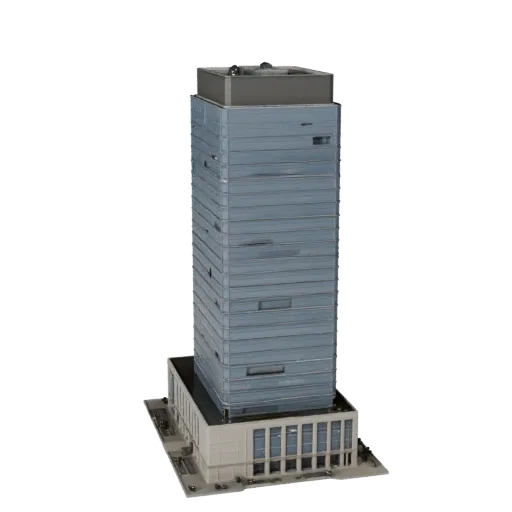 Стеклянный небоскреб, высокополигональная 3D модель, вид крупным планом архитектурного рендера, показывающий материалы коммер