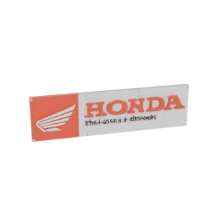 3D-рендер прямоугольной вывески с логотипом Honda Wing и надписью 'HONDA' оранжевым цветом на белом фоне.