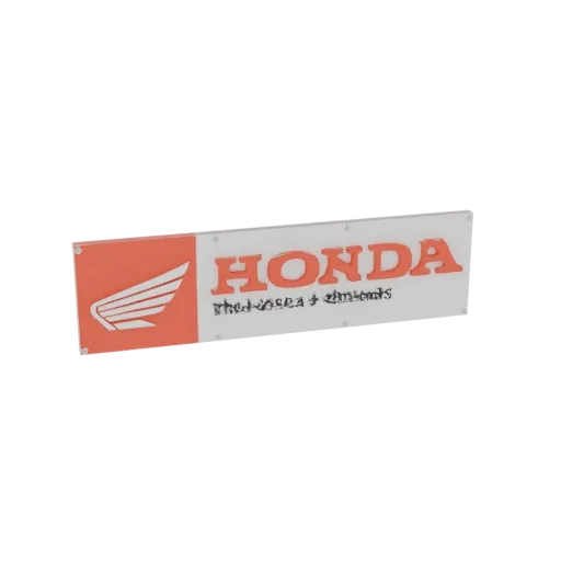 3D-рендер прямоугольной вывески с логотипом Honda Wing и надписью 'HONDA' оранжевым цветом на белом фоне.