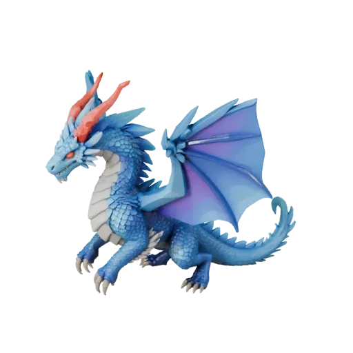 Низкополигональная 3D модель Ледяного Дракона, вид сбоку в игровой камере, низкополигональный ассет животного с рогами, гребн