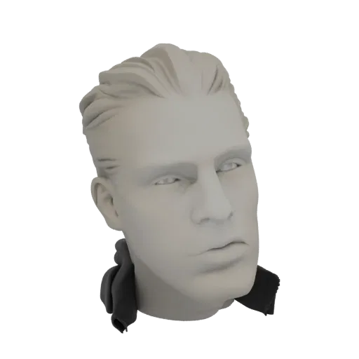 3D рендер стилизованной мужской головы с зачесанными назад волосами и выразительным темным воротником на белом фоне.
