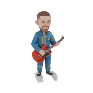 3D модель мультяшного астронавта в синем комбинезоне, играющего на красной электрогитаре, с дружелюбной улыбкой.