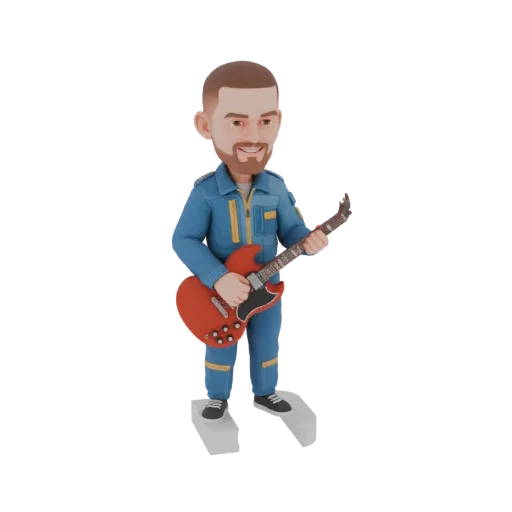 3D модель мультяшного астронавта в синем комбинезоне, играющего на красной электрогитаре, с дружелюбной улыбкой.