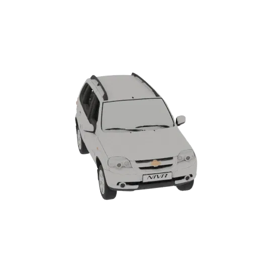 Вид сверху 3D модели белого Chevrolet Niva SUV с рейлингами на крыше, изолированной на белом фоне.