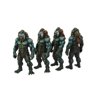 3D рендер четырех огромных зомби-грубиянов с бирюзовой кожей и красными метками, стоящих в угрожающей позе.