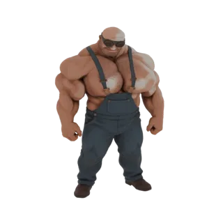 3D модель очень мускулистого лысого мужчины в синем комбинезоне и очках, с преувеличенными мышцами груди и рук.