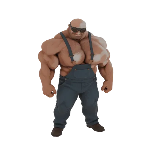 3D модель очень мускулистого лысого мужчины в синем комбинезоне и очках, с преувеличенными мышцами груди и рук.