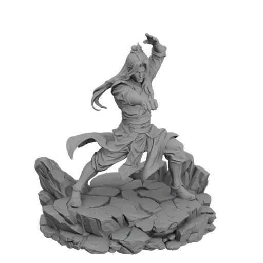 3D модель мужчины-мастера боевых искусств в динамичной боевой стойке на скалистом основании, с развевающимися волосами и трад