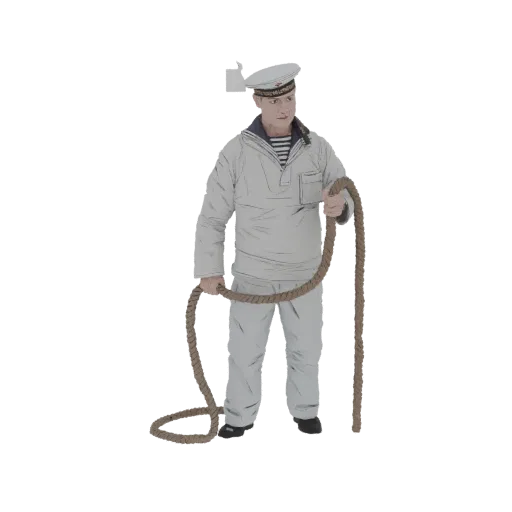 3D модель советского моряка в форме, держащего толстую веревку, на белом фоне.