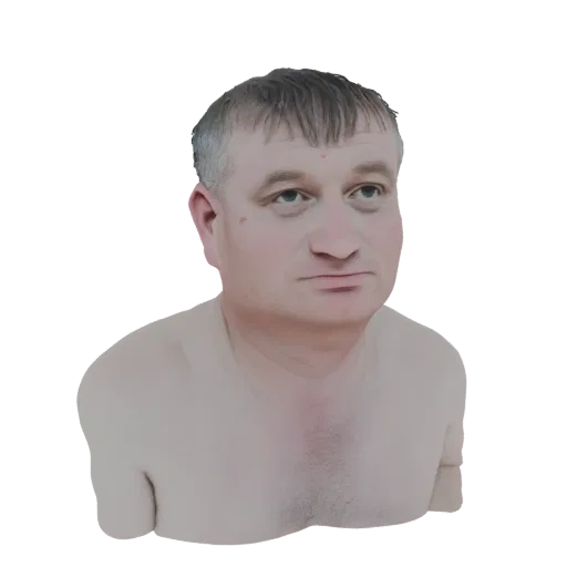 Рендер 3D модели реалистичного мужского бюста, показывающий детализированные черты лица и верхнюю часть туловища.