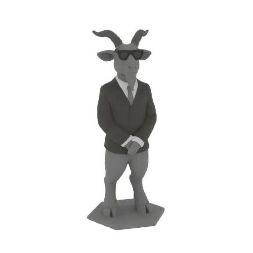 3D модель серого козла в солнцезащитных очках и темном костюме, стоящего на шестиугольном основании.