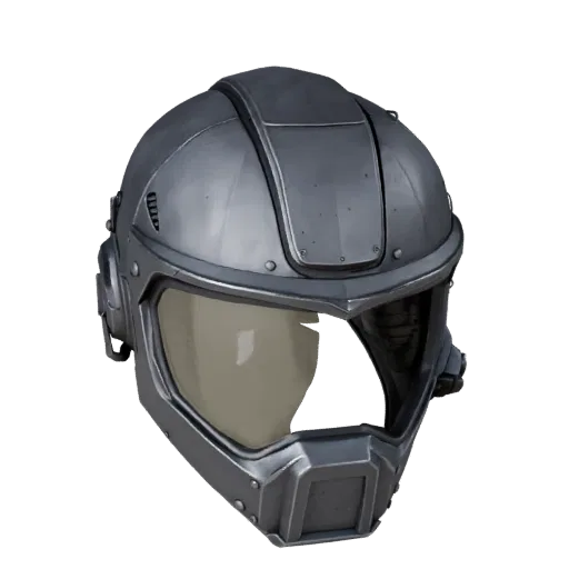 Стилизованная 3D-модель шлема Riot Visor, стилизованный изометрический рендер, показывающий металл, носимый на голове масштаб
