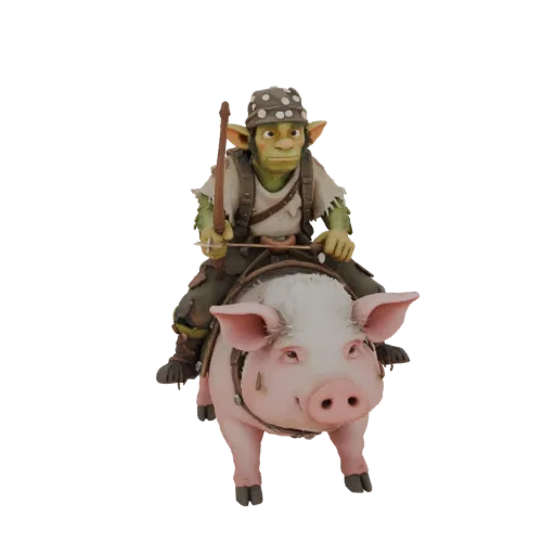 3D модель гоблина-лучника верхом на розовой свинье, с луком и стрелой, в фэнтезийном стиле