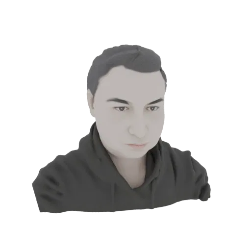 Рендер 3D модели мужчины с короткими темными волосами в темно-серой толстовке, смотрящего немного вниз.