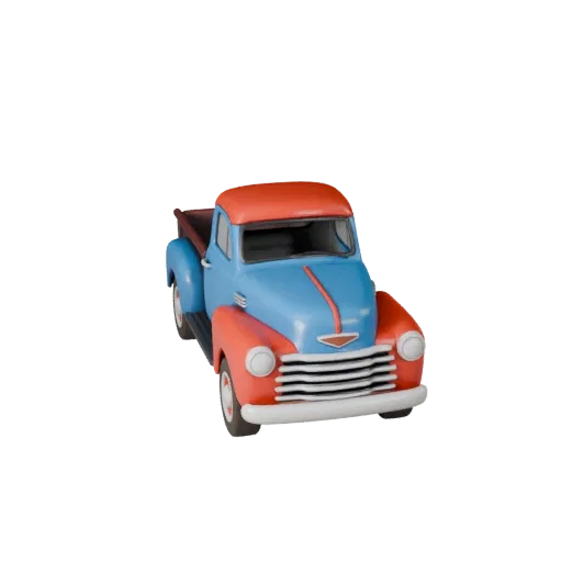 Мультяшный винтажный пикап, 3D-модель, вид в три четверти в студии, стилизованный элемент автомобиля с рабочей массой, обслуж