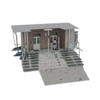 3D модель ветхого автобусного навеса с обветшалой крышей, потрескавшимися ступенями и двумя ожидающими фигурами на белом фоне