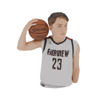 3D модель молодого баскетболиста в белой форме Fairview с номером 23, держащего мяч Spalding.