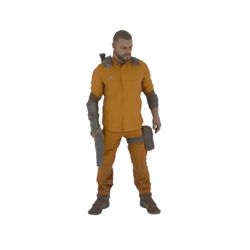 3D модель заключенного в оранжевом комбинезоне с оружием на белом фоне.