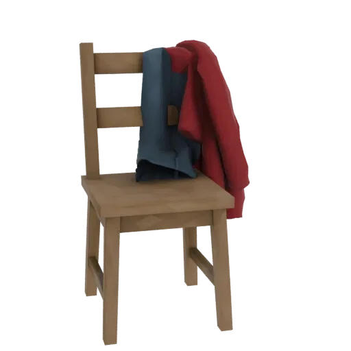 3D модель светло-коричневого деревянного стула с красной курткой и синей рубашкой, перекинутыми через спинку, на белом фоне.