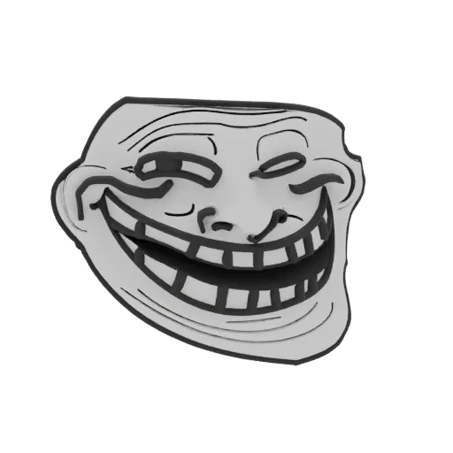 3D-модель культового мема Trollface, серое лицо с широкой озорной ухмылкой и черными контурами, на белом фоне.